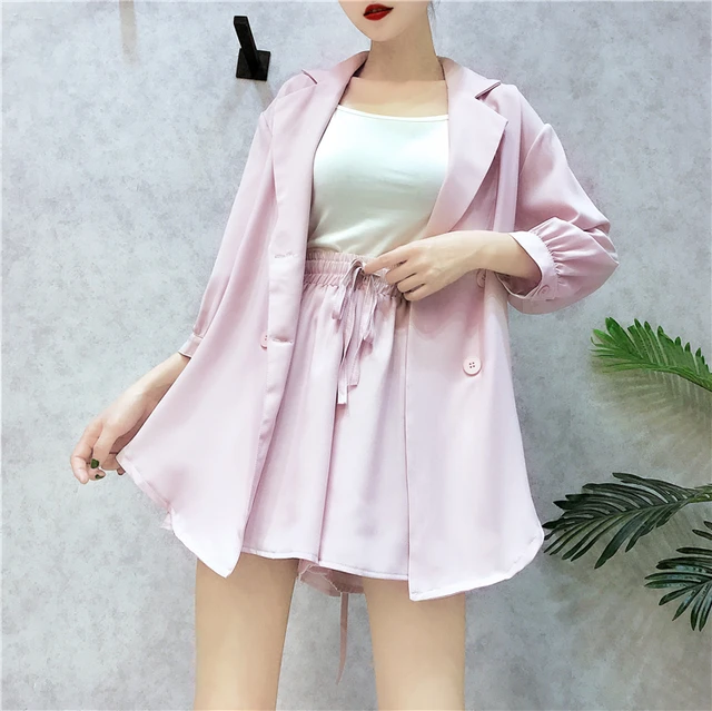 Cheap Suit Women's Summer 2018 New Korean Version Joker Medium and Long Loose Chiffon Wide Legs Pants and Short Fashion Two-piece Suit Cheap Suit Women's Summer 2018 New Korean Version Joker Medium and Long Loose Chiffon Wide Legs Pants and Short Fashion Two-piece Suit