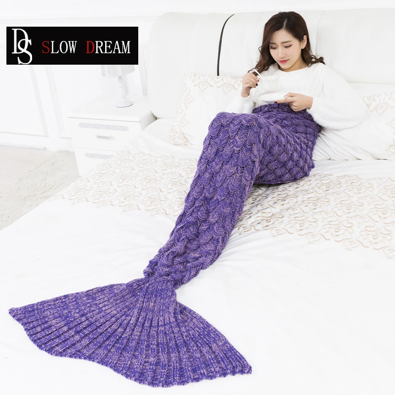 

SLOWDREAM Knitted Mermaid Tail Blanket Purple Throw Autumn Winter Plain Warm Blanket Child Adult Bedspread Sofa Bed Covers Quilt
