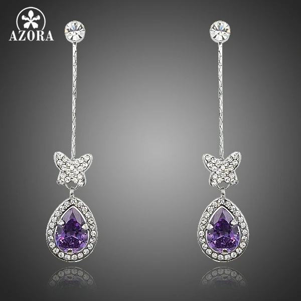 

AZORA Butterfly with Princess Purple Water Drop AAA+ Cubic Zirconia Drop Line Long Earrings For Girls TE0188