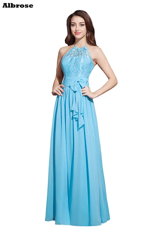 Light Blue Sexy Halter Evening Dress Lace and Chiffon Formal Dresses