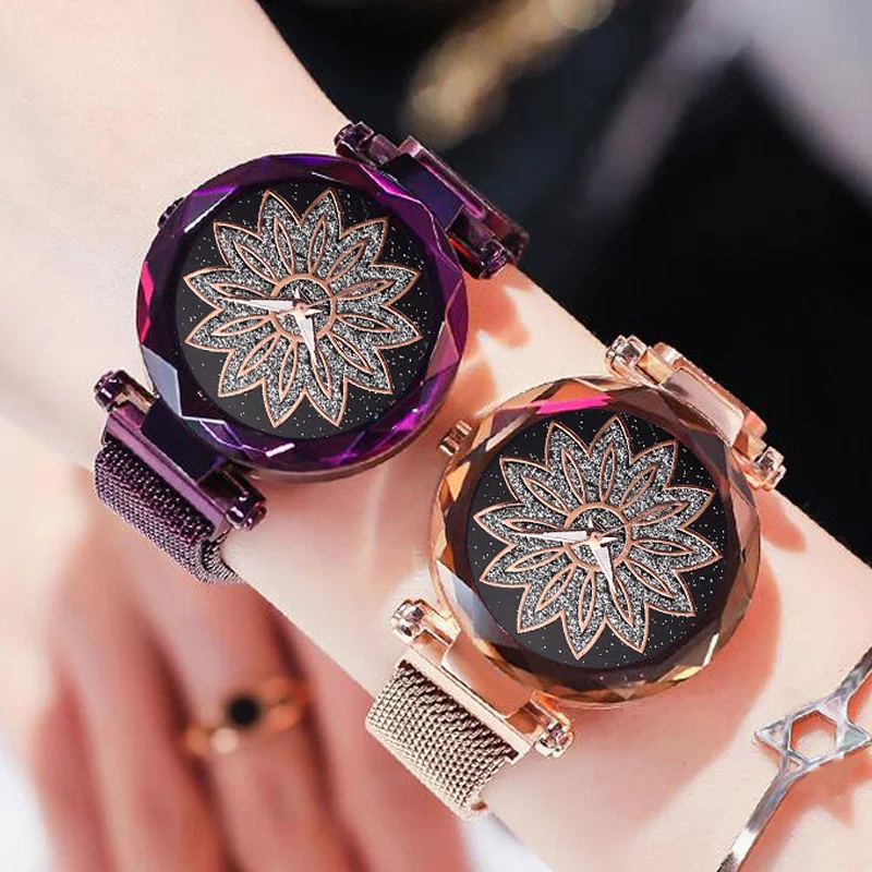 

Women Magnet Watch 2019 Flower Dial Watch Luxury Diamond Female Clock Ladies Dress Quartz Crystal Wrist Watches relogio feminino