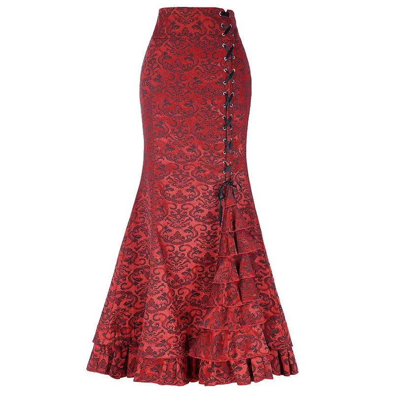 

Summer Vintage Mermaid Women Skirts Western Style Plain Pleated Lace-Up Sexy Girls Popular Retro Pure Color Female Long Skirts