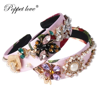 

New Fashion Vintage Baroque Headband Crystal Rhinestone Bee Insect Hairbands Gold Leaf Crown Pearl Bride Hair Jewelry Gift