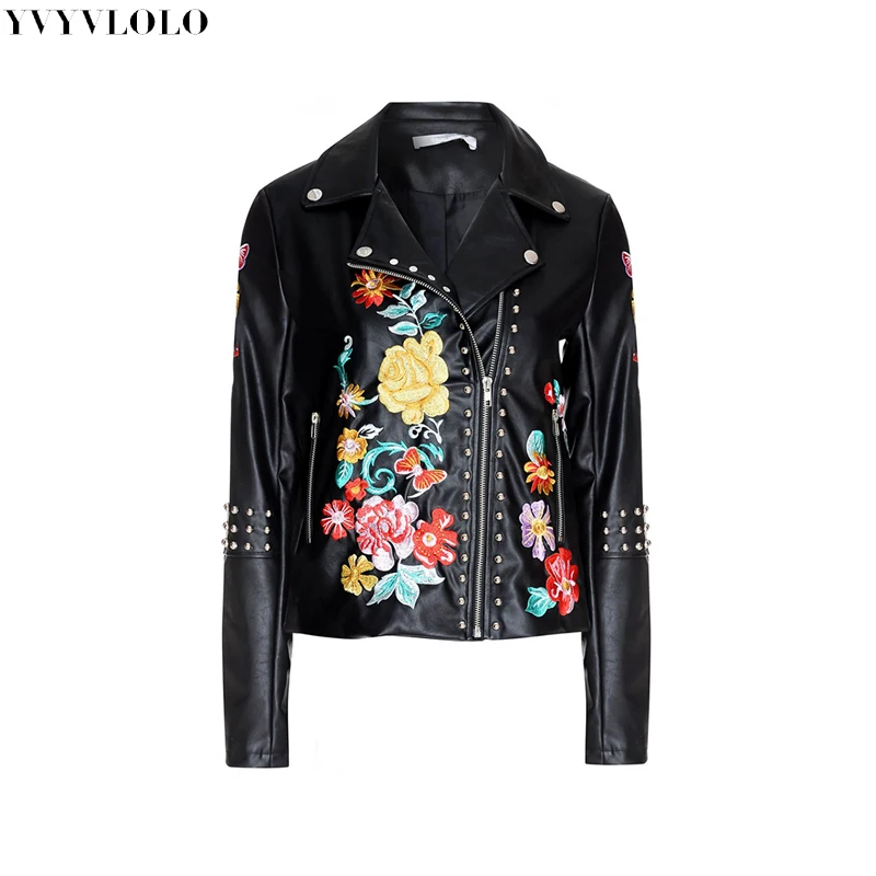 

YVYVLOLO Winter Floral Embroidery Pu Leather Female Jacket Short Coat Metal Silver Rivets Bomber Jacket Casacos For Women