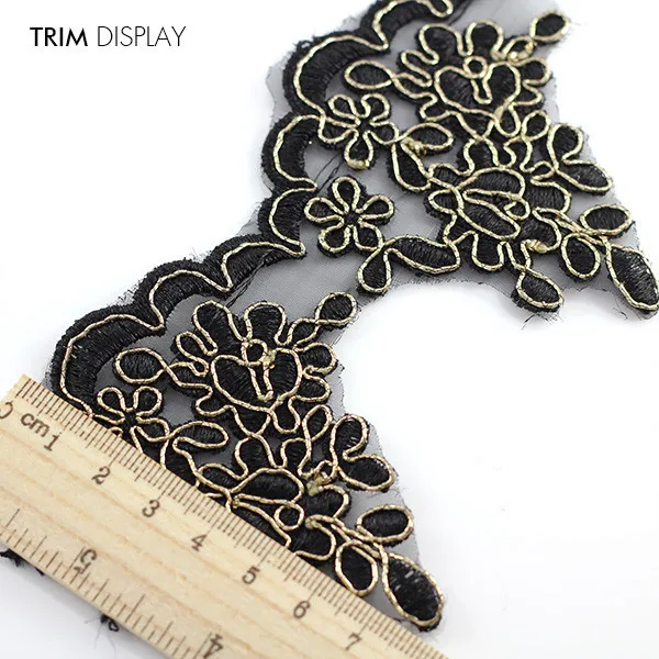 Black Gold Trim Metallic Embroidered Patch Flower Lace Ribbon Fabric