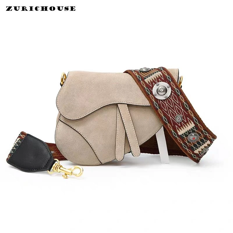 

ZURICHOUSE Brand Saddle Bag Women Luxury Genuine Leather Crossbody Purse 2019 Fashion Rivet Wide Strap Design Shoulder Bags