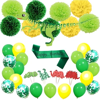 

Besegad 55PCS Cute Dinosaur Theme Party Decor Favor Supplies Decorations Kit with Cupcake Toppers Banner Pom Poms Balloons Sash