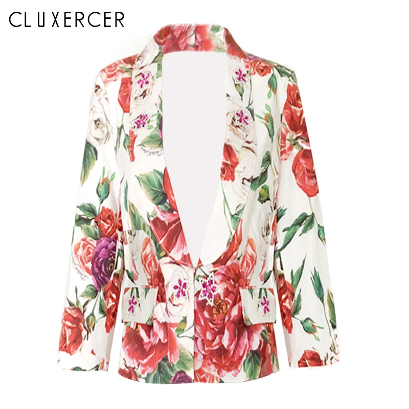 

Summer Blazer For Woman Elegant Crystal design Three Quarter Sleeve Women's Jacket Fashion Short Print Flower Blazer