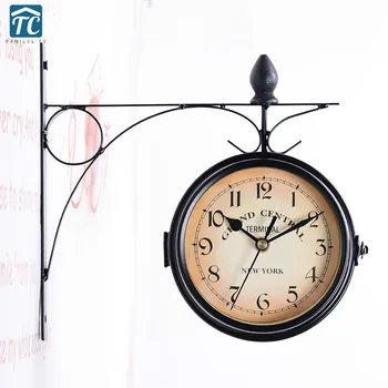 

Home Garden Retro Metal Wall Clock Double Sided Classic Clocks Decorative Living Room Vintage European Style Mute Hanging Watch