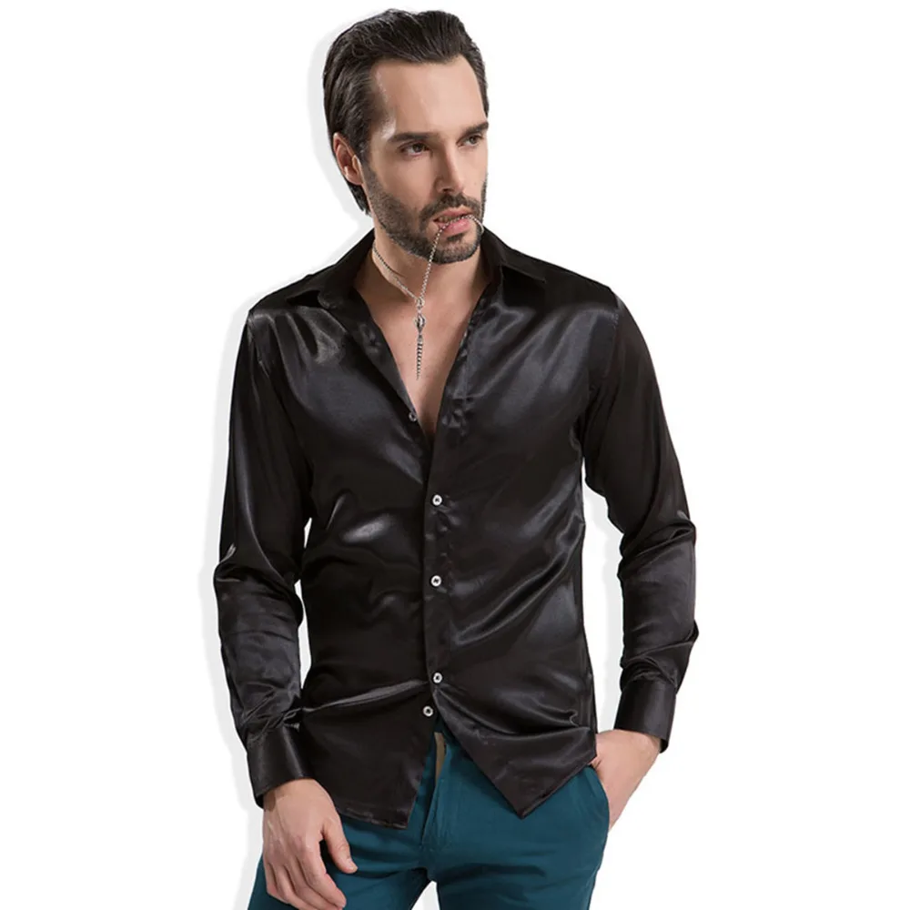 Мужская Однотонная рубашка с длинным рукавом Camisa Slim Fit Повседневная Мягкая атласная Мужская рубашка Обычная брендовая мужская атласная