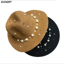 SUOGRY Summer British Pearl Beading Flat Brimmed Straw Hat Shading Sun Hat Lady Fashion Beach Hat Jazz Hat multi brimmed sinamay hat