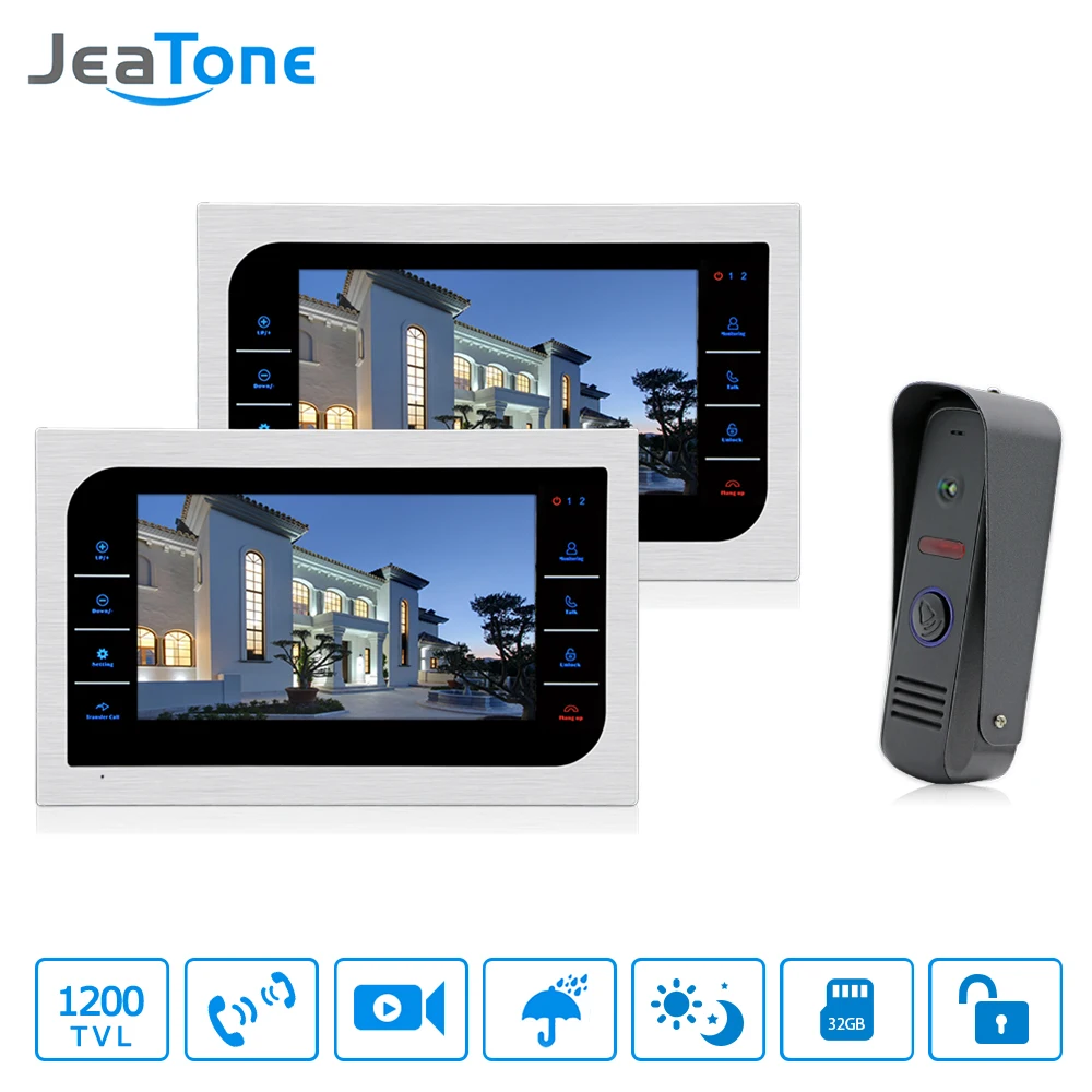 JeaTone 10'' Video Door Phone Intercom System Support Recording & Picture Memory Touch Key Indoor Monitor 2V1 Home Apartment Kit