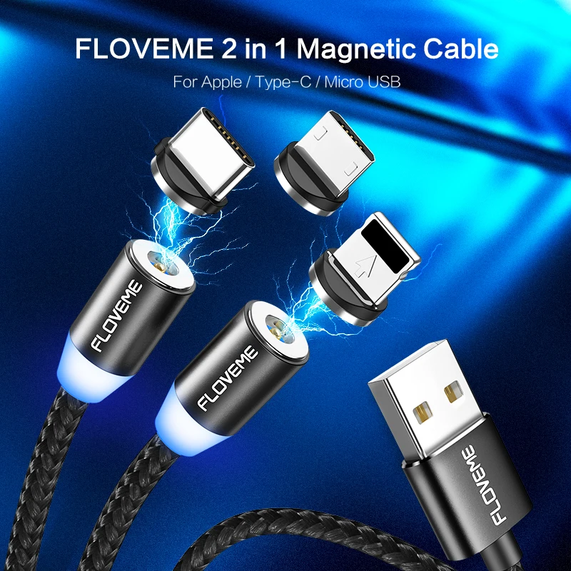 FLOVEME USB кабель 2 в 1 Магнитный кабель Быстрая зарядка магнитное зарядное устройство Micro USB C Lightnin для One Plus 6 5t для iPhone X XS