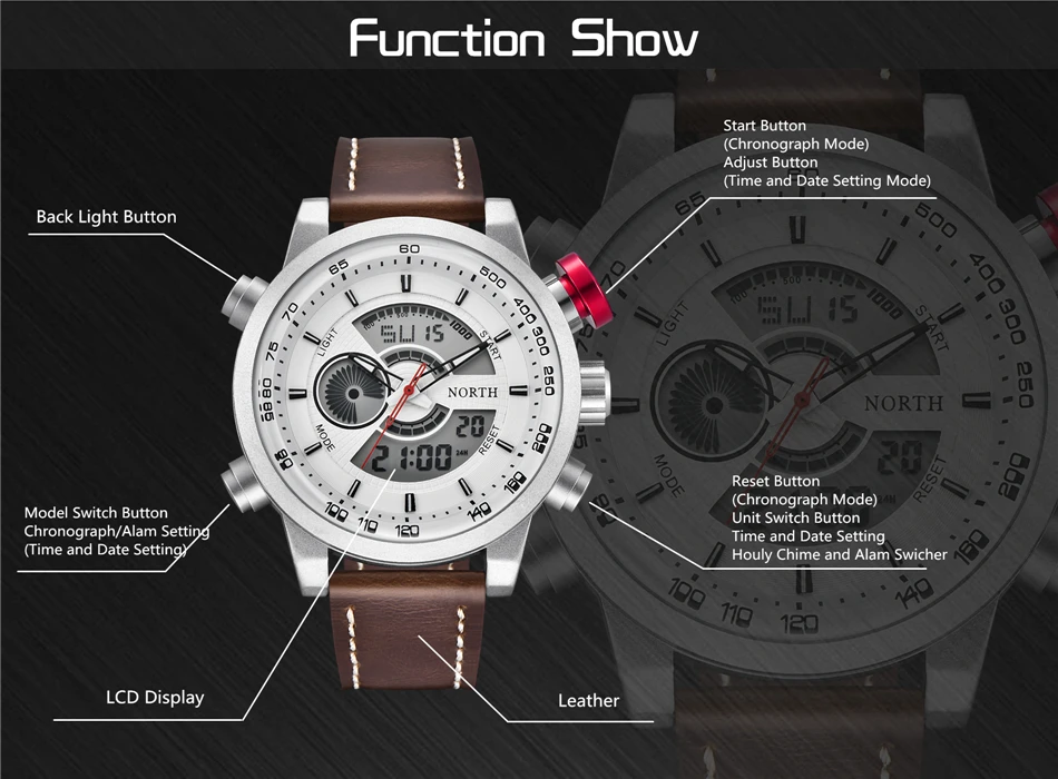 Северная часы Для мужчин Элитный бренд Водонепроницаемый военные часы Для мужчин кожа Повседневное кварцевые часы аналоговые цифровые