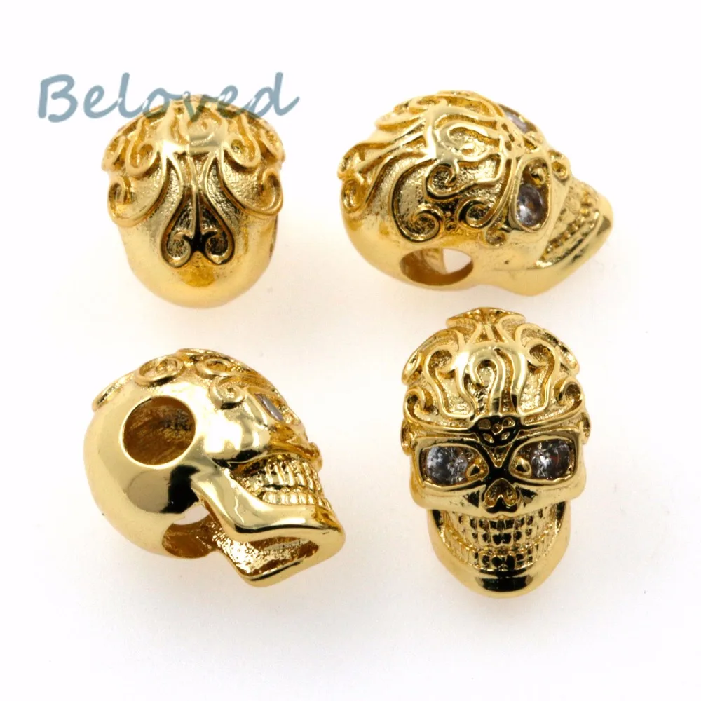 Vintage Micro Paved Zirconia Head Skull Metal Charms Beads, ClearCubic CZ Men's Paracord Bracelet Making Spacer Beads, BG18213