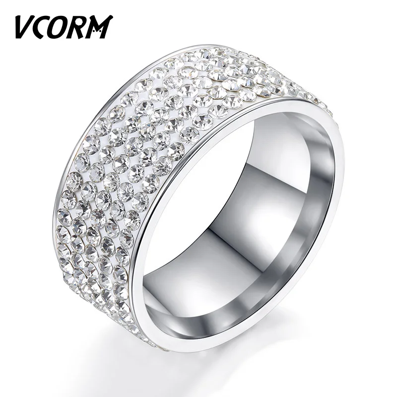

VCORM Women Men Wedding Rings for Women Men Fashion Titanium Steel 5 Row Crystal Engagement Gold Silver Lady Male Ring Jewelry