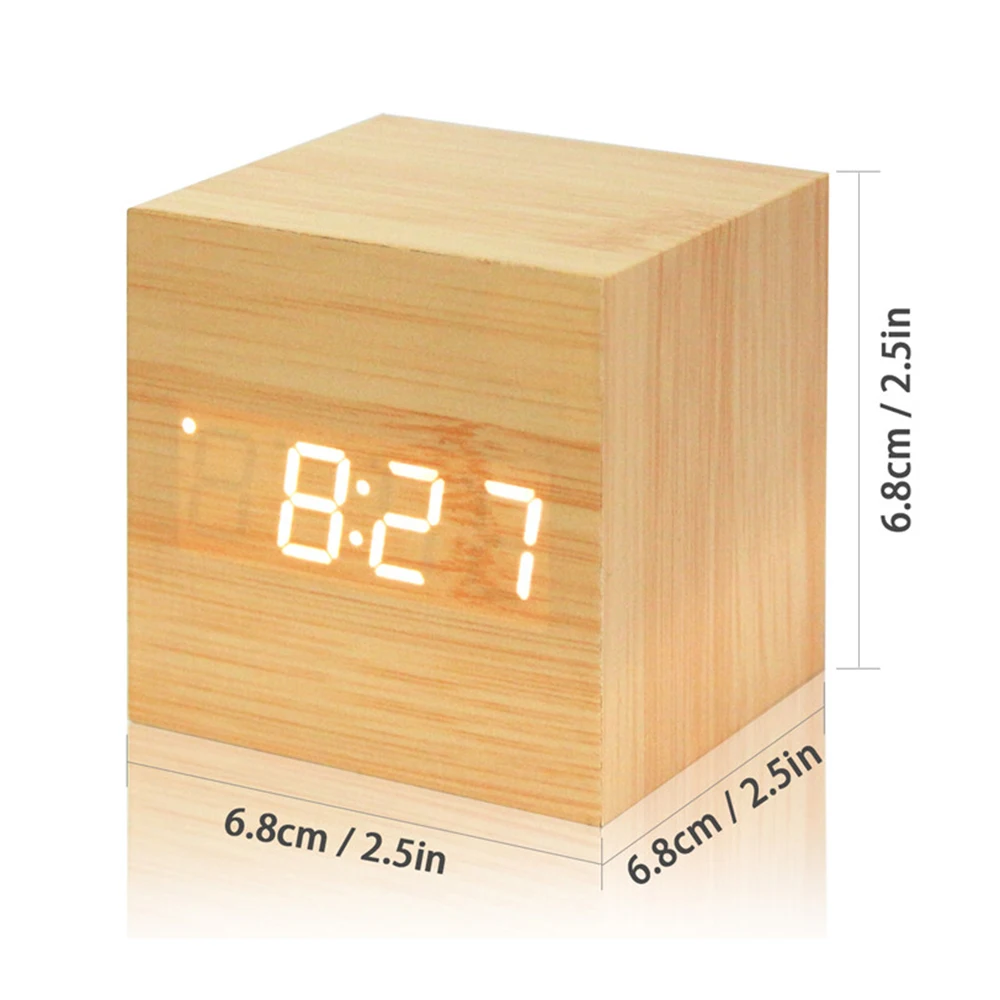 Многоцветный звуковой контроль деревянный квадратный светодиодный Будильник Настольный цифровой термометр дерево USB/AAA отображение даты часы