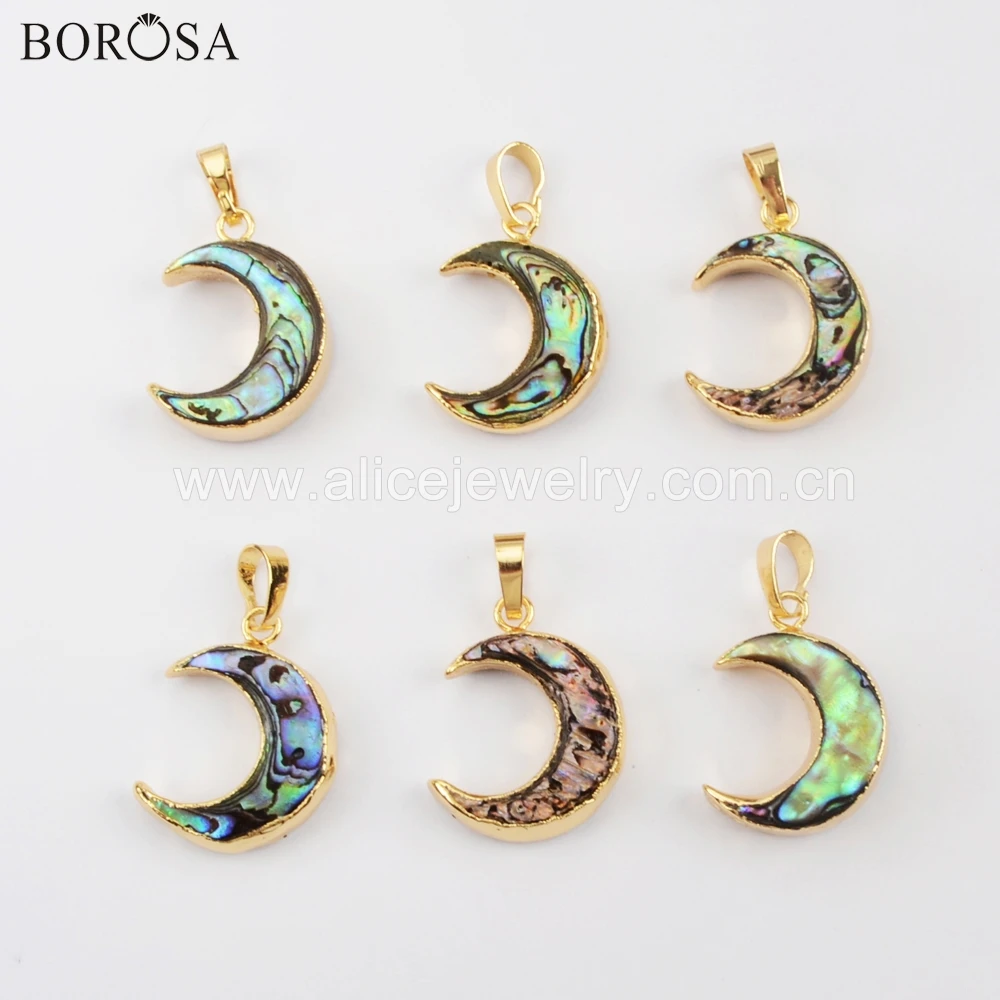 

BOROSA 10PCS Gold Filled Abalone Shell Crescent Pendants Shell Moon Shape Connectors Double Loops Necklace Fashion Jewelry G1713
