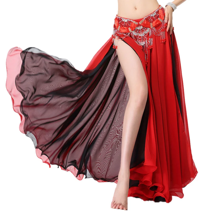 

2018 New Performance Dancewear Belly Dance Clothing Long Maxi Skirts Double Color Women Belly Dance Skirt Chiffon (without belt)