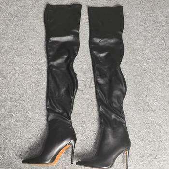 

LAIGZEM SEXY Women Over the Knee Boots Stiletto Heels Pointy Toe Boots Thigh High Back Zip Shoes Woman Botas Mujer Big Size 4-14