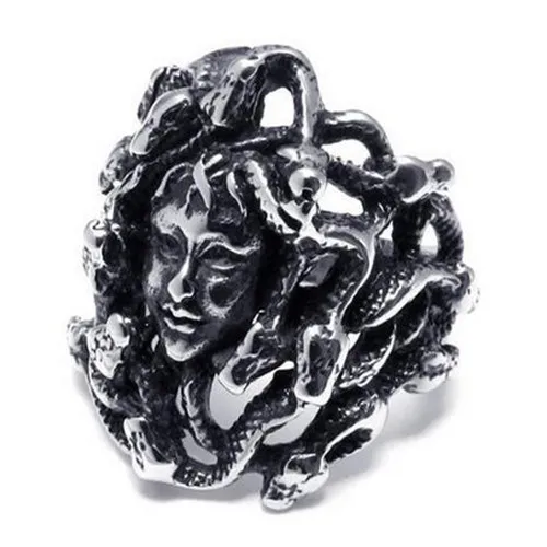Greek Mythology Medusa Snake Haired Stainless Steel Mens Ring, Black