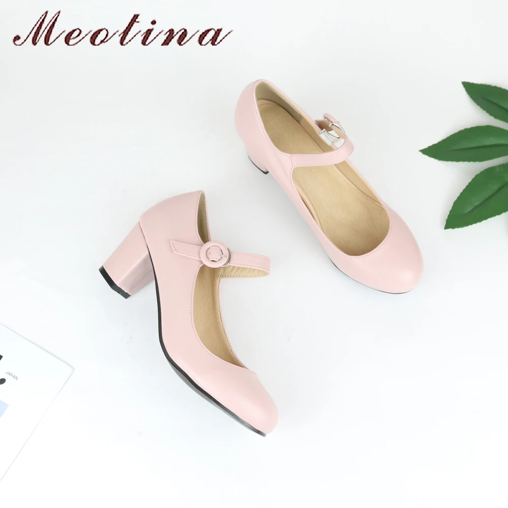 Meotina Women Shoes Mary Jane Ladies High Heels White Wedding Shoes Spring Thick Heel Pumps Shoes Black Pink Plus Size 43 9 10