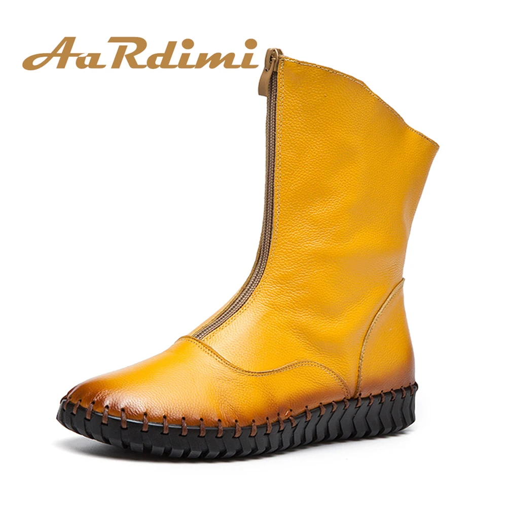 

AARDIMI 2018 Fashion Women Boots Autumn Genuine Leather High Boots Woman Mid-Calf Flat Boots Women Solid Zip Retro Boots Shoes