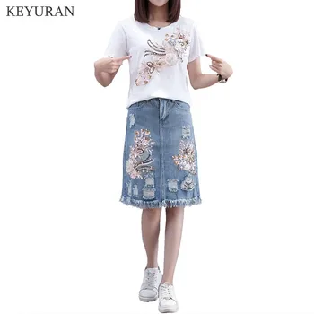 

Plus Size 4XL Women Summer Beading Suit Embroidery Floral Cotton T-Shirts + Hole Tassel High Waist Denim Skirts Female 2PCS Sets