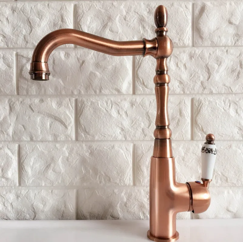 Antique Red Copper Brass Bathroom Kitchen Basin Sink Faucet Mixer Tap Swivel Spout Single Handle One Hole Deck Mounted mnf421