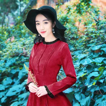 

Autumn and winter new women's temperament lady red corduroy embroidery dress long-sleeve high waist large big swing maxi dress