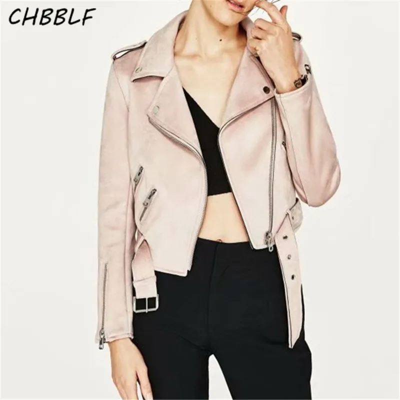 

CHBBLF women suede leather bomber jacket long sleeve zipper outerwear solid female streetwear casual tops XDZ1793