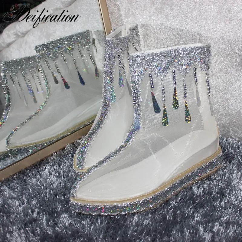 

Botas Mujer Bling Bling Air Mesh Ankle Boots Fashion Magic Show Trendy Ladies Shoes Sequins Studded Girl Prom Party Dress Shoes