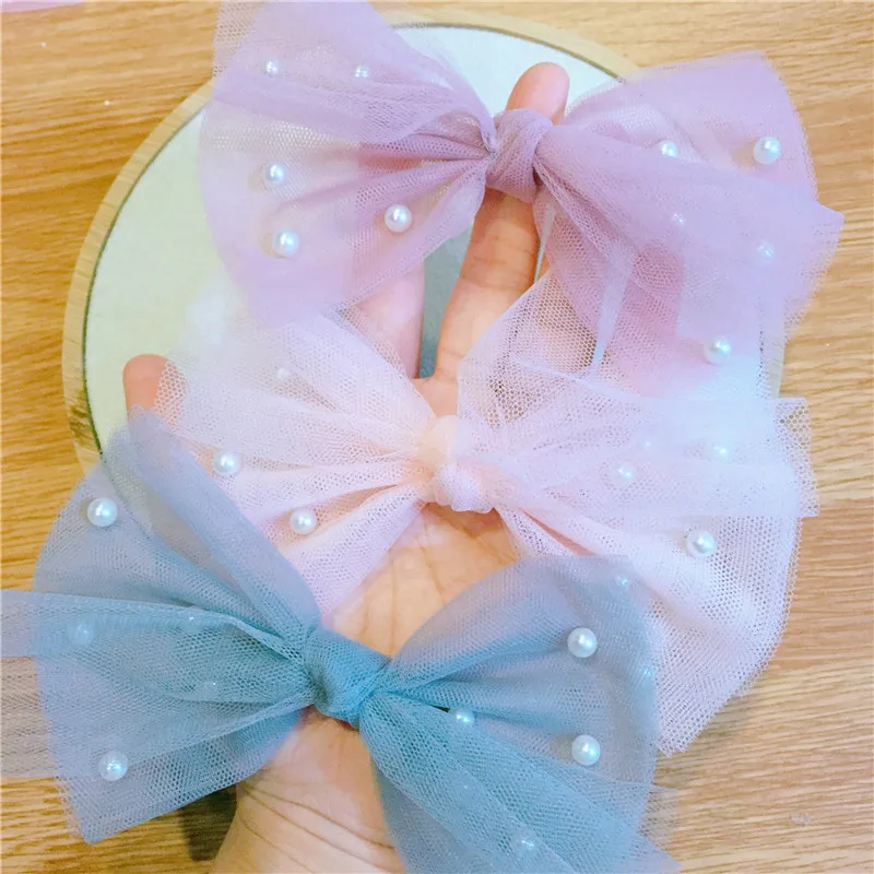 

4pcs/lot 12cm Mesh fabric with pearl DIY handmade bow accessories shoes children's hair accessories