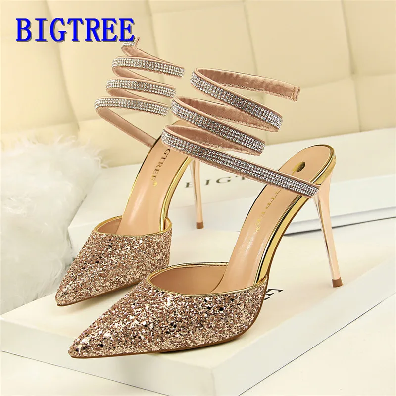 

2019 New Women's Fashion Sequined Cloth High Heels Shoes Shallow Ankle Strap Sandals Pointed Toe Sexy Party Woman Sandals Summer