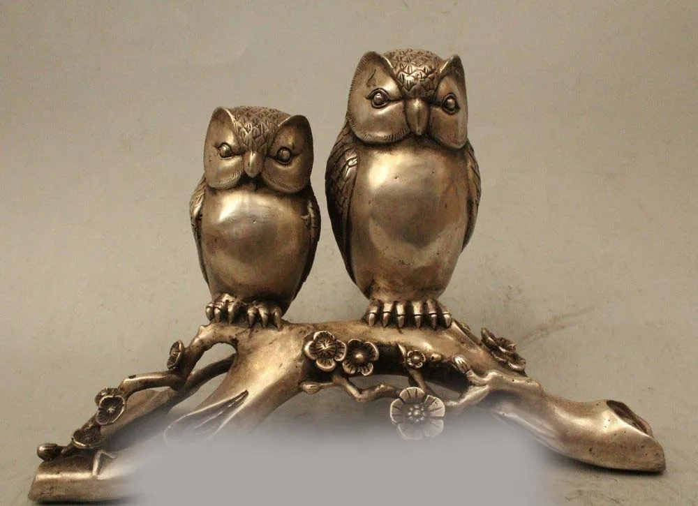 10&quot Folk Chinese Silver Sculpture Carved 2 Love Bird Scout Minerva Owl Statue | Дом и сад