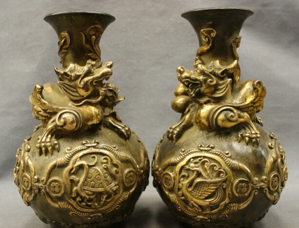 

JP S0606 12" Folk Chinese Bronze Copper Gilt Dragon 4 Unicorn Statue Bottle Pot Vase Pair Discount 35%