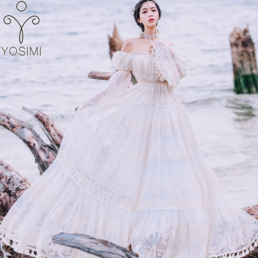 YOSIMI 2019 Summer Lace Long Women Dress Evening Party Maxi Vintage Lady White Off The Shoulder Floor-length Tassel Dress Tunic YOSIMI 2019 Summer Lace Long Women Dress Evening Party Maxi Vintage Lady White Off The Shoulder Floor-length Tassel Dress Tunic