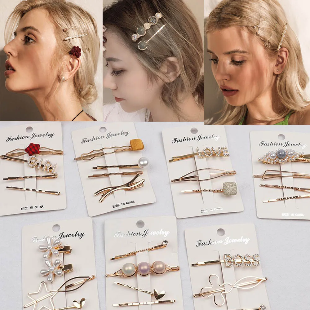 

Hair Accessories 1Set Pearl Hairpin Barrettes Geometric Metal Hair Clips For Girls Irregular Gold Color Hairgrip Korea Hair Clip