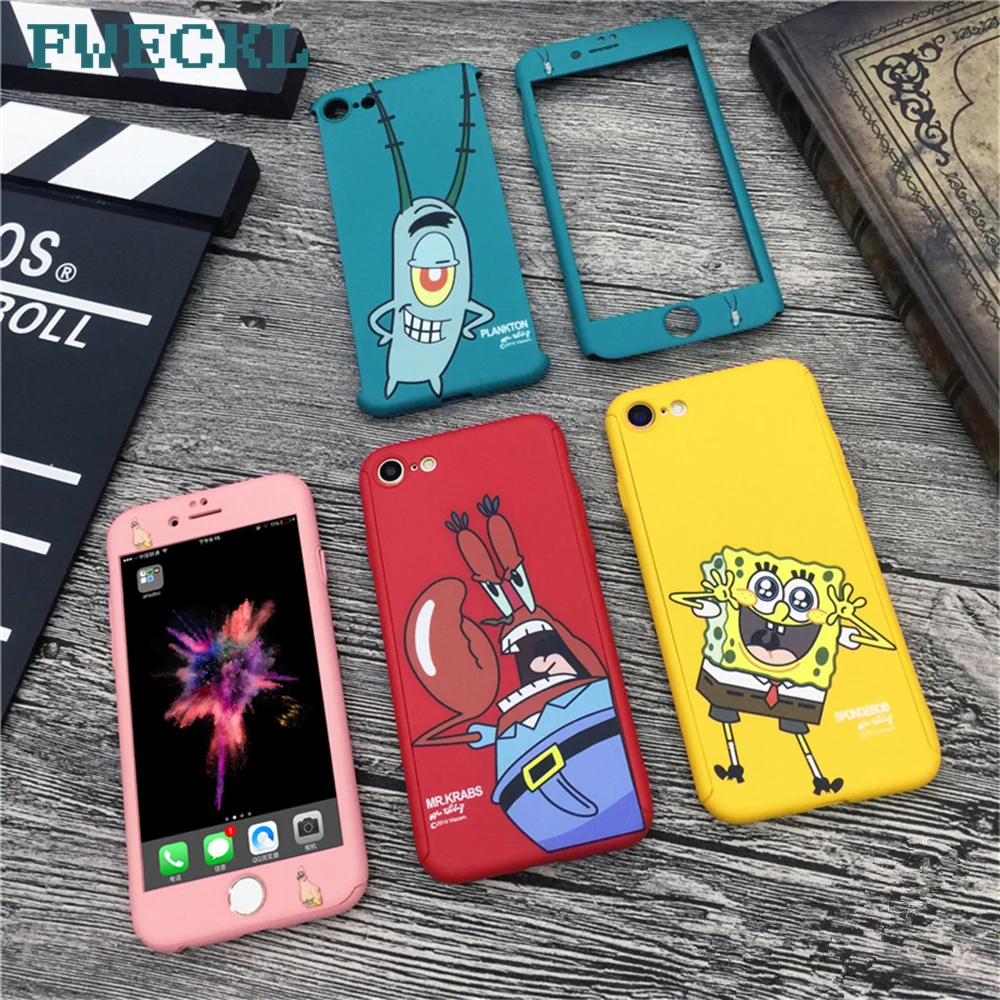 360 Full Protective Cover Phone Case + Glass For iPhone XR XS MAX 7 8 6 6S Plus Back SpongeBob Patrick Star |