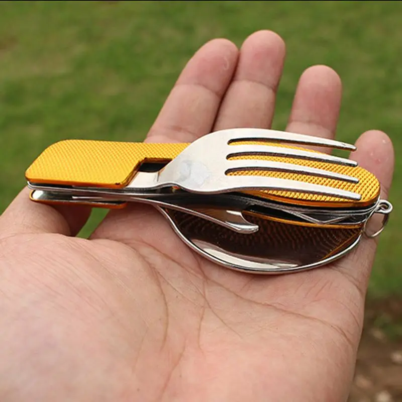 Outdoor Tableware,Camping Stainless Steel Folding Pocket Kits for Hiking Picnic Travel,Fork Spoon Knife Bottle Opener 4 In 1 