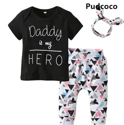 Pudcoco новорожденных для мальчиков и девочек с надписью принт топы + леггинсы брюки + повязка на голову 3 шт. комплект одежды хлопковая одежда
