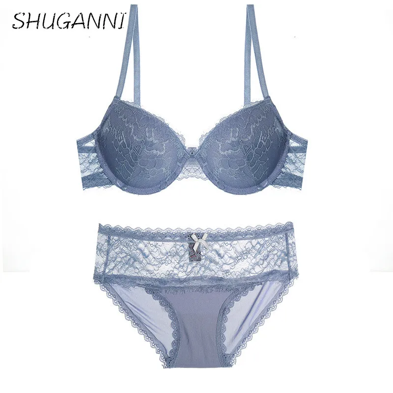 SHUGANNI 2017Popular Fashion Bra Set 2 breasted Glossy Lace Bra Sexy