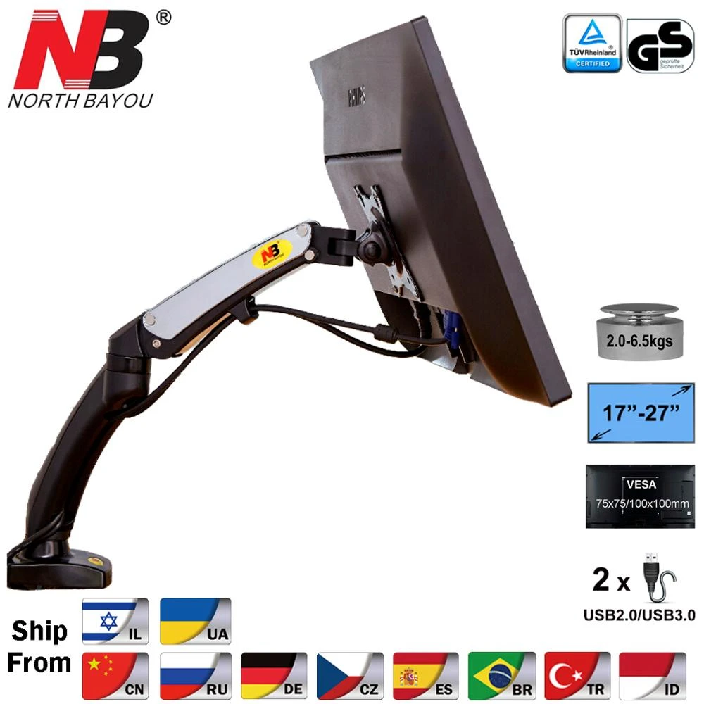 nb f100 aluminum 17 27inch led lcd monitor holder arm ergonomic gas strut desktop mount bracket with 2 usb port load 2 6 5kgs tv mount tv monitor mountmonitor holder arm aliexpress