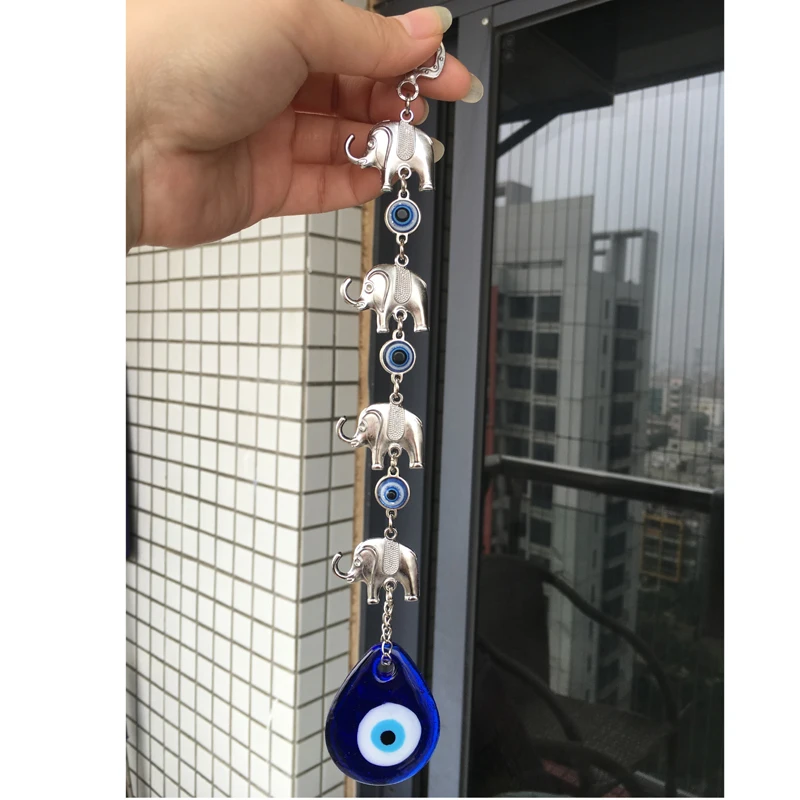 Turkish Evil Blue Eye Glass Charm 4 Elephants Home Decoration Amulet