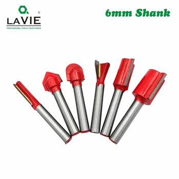 

6pcs 6mm Shank Wood Router Bit Straight T V Flush Trimming Cleaning Round Corner Cove Box Bits Milling Cutter for Wood MC06012