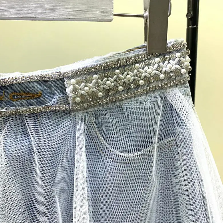 

2019 summer new fashion beaded diamond rhinestone stitching mesh denim shorts women casual short pants 1935