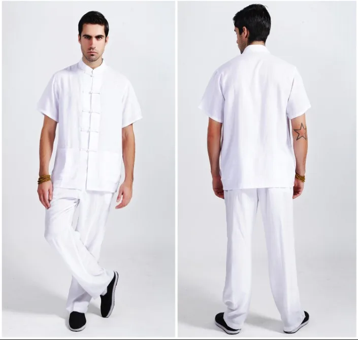White Tradition Chinese Style Men's Linen Kung Fu Sets Shirt Pants Trousers Suit Size M L XL XXL 