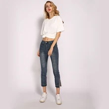 ME&SKI New High Waist Jeans Pearl Decor Side Trouser Legs Opening Skinny Jeans Woman ME&SKI New High Waist Jeans Pearl Decor Side Trouser Legs Opening Skinny Jeans Woman