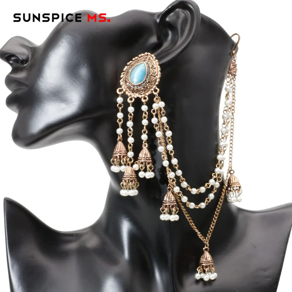 SUNSPICE, MS, индийские ювелирные изделия, серьги, звено, головной убор для женщин, античное золото, жемчуг, кисточки, серьги, кристалл, винтажные свадебные аксессуары - Окраска металла: LL095skyblue-right