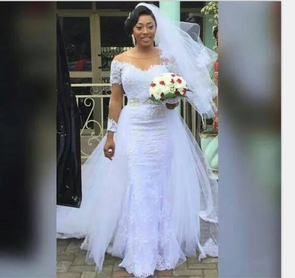 2019 Sexy Mermaid Wedding Dress With Detachable Skirt Lace Applique Tulle Long Sleeve Bridal Wedding Gowns Vintage Sheer Neck Vestidos Dress